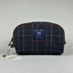 New with Tags Barbour Moon Wool Tartan Plaid Toiletry Bag Leather Accents Navy